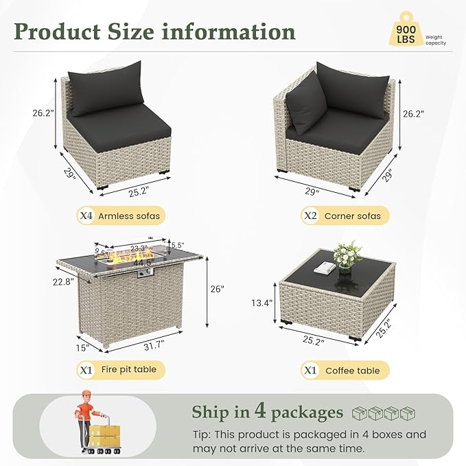 UDPATIO Patio Furniture Set with Fire Pit Table, 8 Pieces Outdoor Sectional Sofa, PE Wicker Patio Conversation Set for Garden, Backyard Black