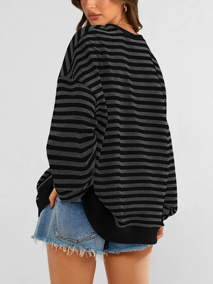 PRETTYGARDEN Women Oversized Striped Color Block Long Sleeve Crew Neck Sweatshirt Casual Loose Pullover Y2K Shirt Top (Black Dark Grey, X-Large)