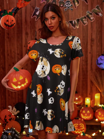 BELAROI Womens Plus Size Halloween Dresses Short Sleeve Swing Tunic Tshirt Dress Pumpkin, Witch, Horror Pattern Print Halloween Costumes(2X,Flower42)