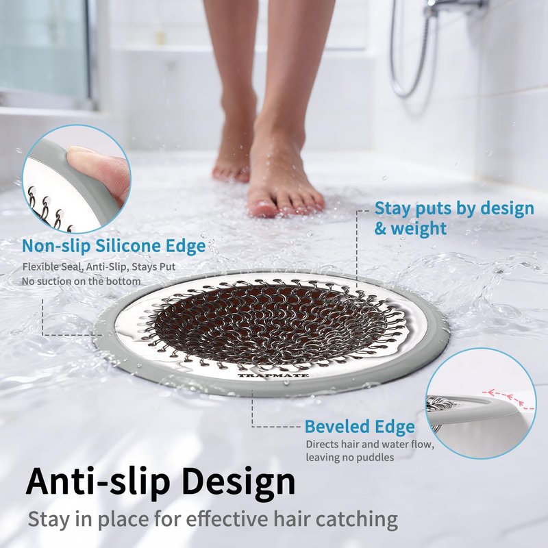 TRAPMATE Shower Drain Cover, 2PCS Prevent Clogging Shower Drain Hair Catcher, Non-Slip Stainless Steel Drain Protector, Patented Bathroom Accessory for US Standard Flat Drains of Bathroom