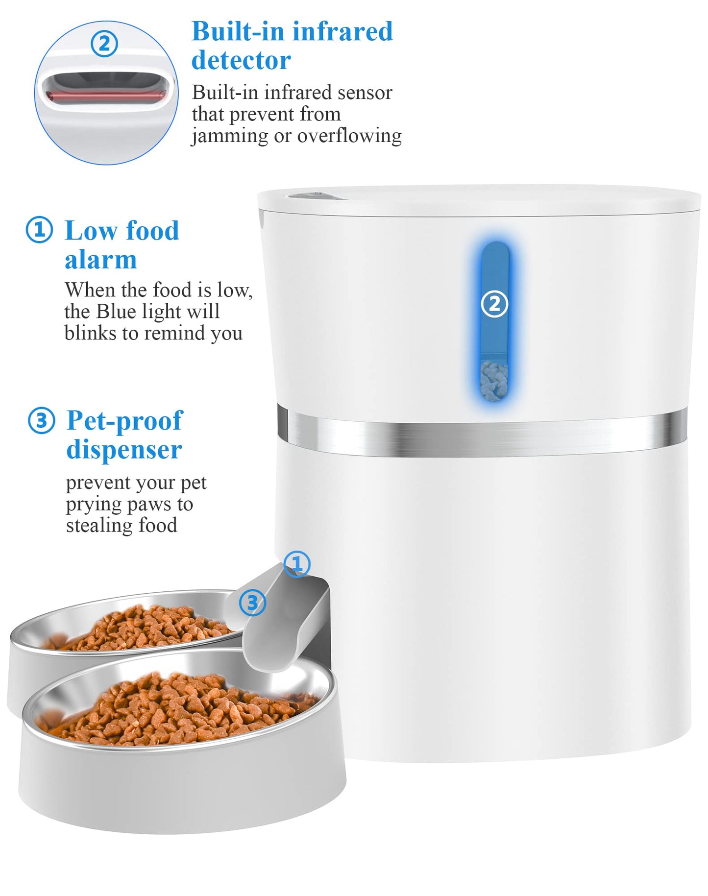 Automatic Cat Feeder, WellToBe Pet Feeder Food Dispenser for Cat & Small Dog with Two-Way Splitter and Double Bowls, up to 6 Meals with Portion Control, Voice Recorder - Battery and Plug-in Power