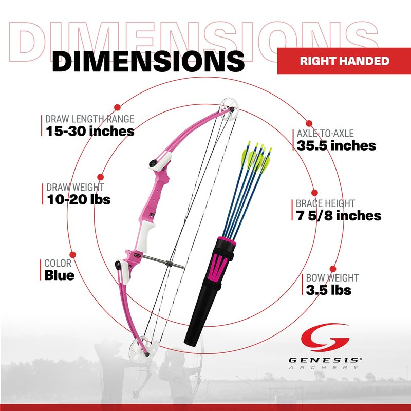 Genesis Original Compound Bow & Arrow Kit- Adjustable Riser, 15"-30" Draw Length, 10-20 lb Draw Weight, All Skill Levels, Draw Hand - Right, Pink