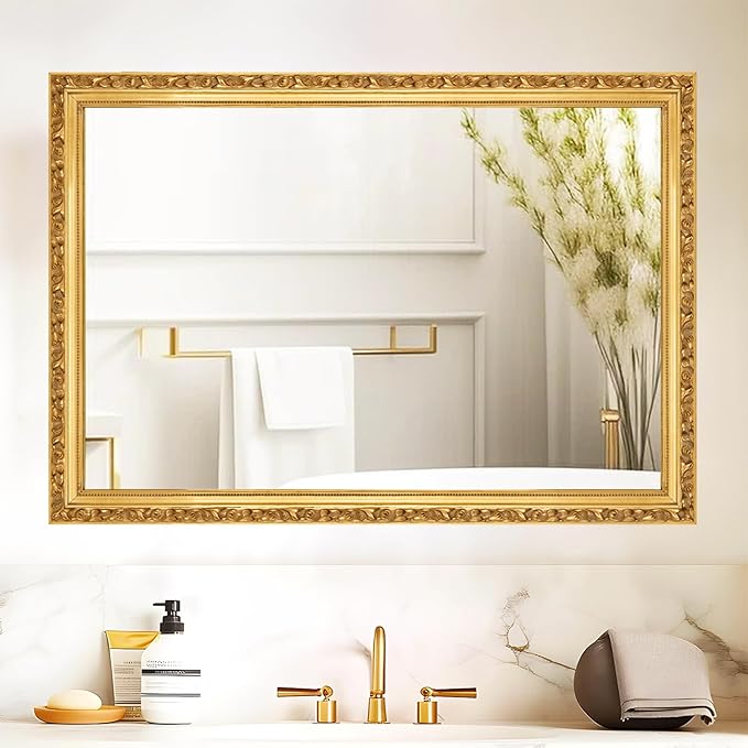 Gold Vintage Mirror, 40'' x 28'' Traditional Antique Wall Mirrors with Ornate Gold Frame, Bathroom Decorative Mirrors for Wall Decor