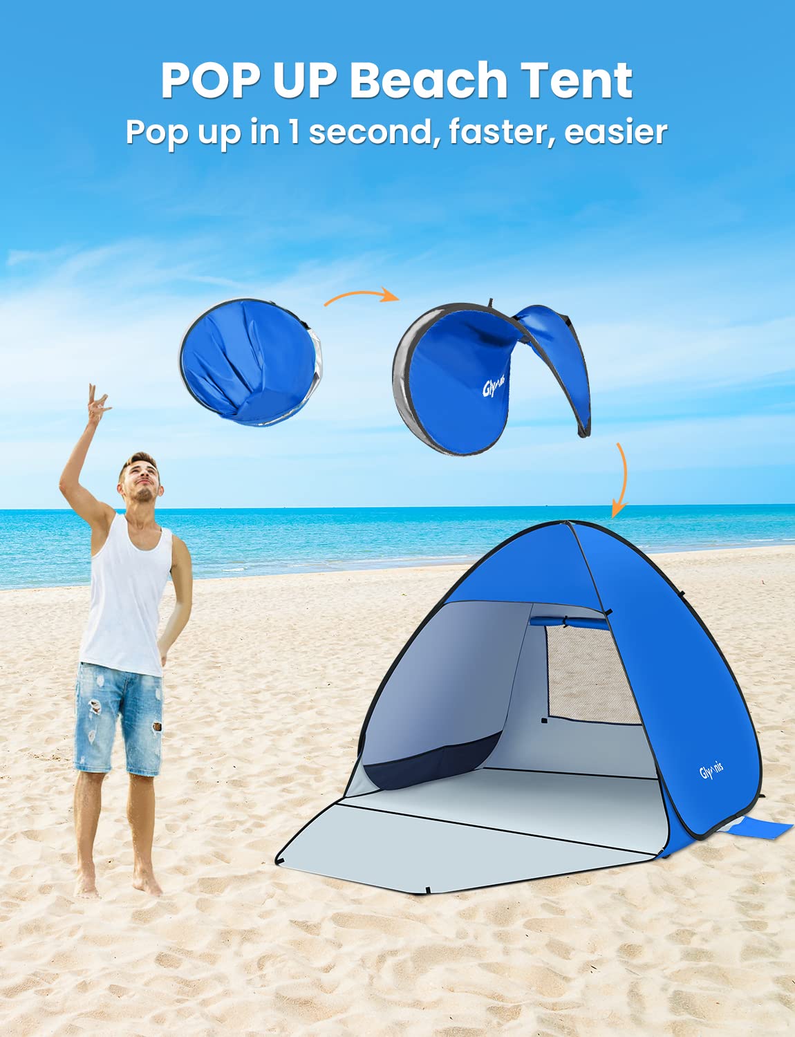 Glymnis Pop Up Beach Tent Instant Portable Sun Shade Shelter (S) 1-2 Persons UPF 50+ with Extendable Floor Zipper Door Automatic Easy Up Tent