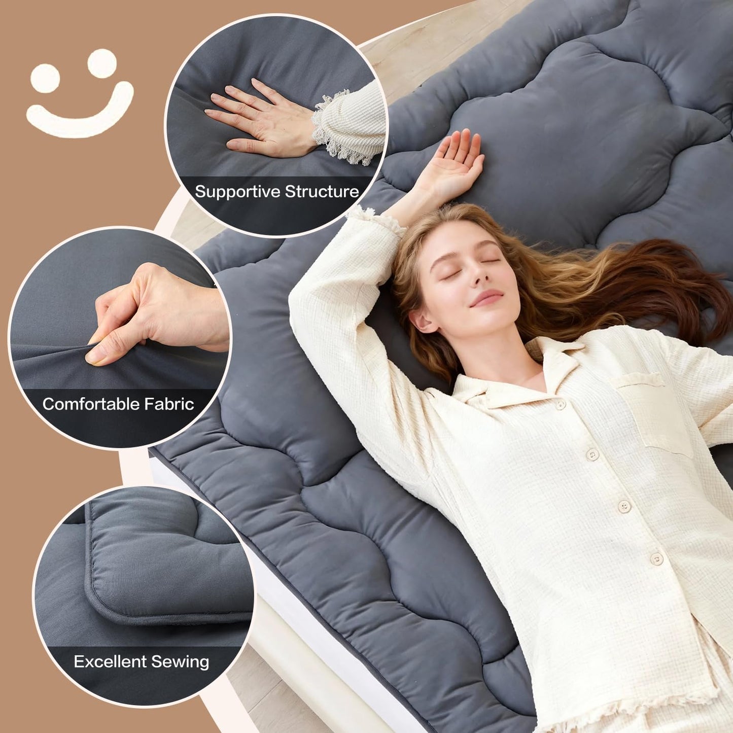 SAPHREAS Japanese Futon Mattress Floor Mattress Full, Foldable Roll Up Bed Mattress Topper with Elastic Straps, Tatami Mat Sleeping Pad for Camping, Grey