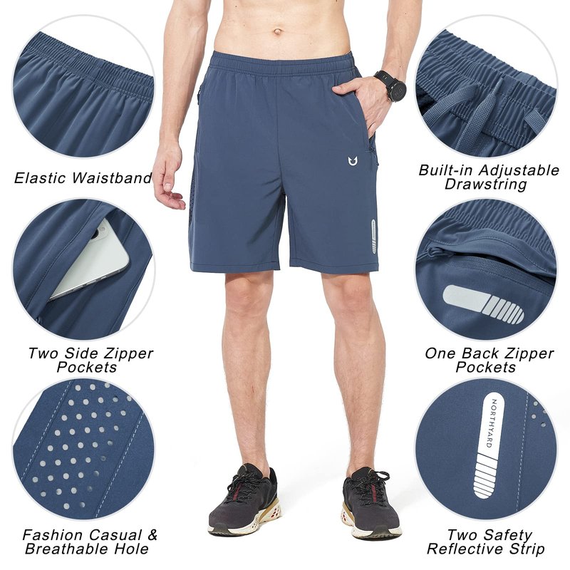 NORTHYARD Men's Athletic Running Shorts Gym Workout 7"/9"/5" Quick Dry Lightweight Sports Basketball Tennis 3 Zipper Pockets FEDERALBLUE L