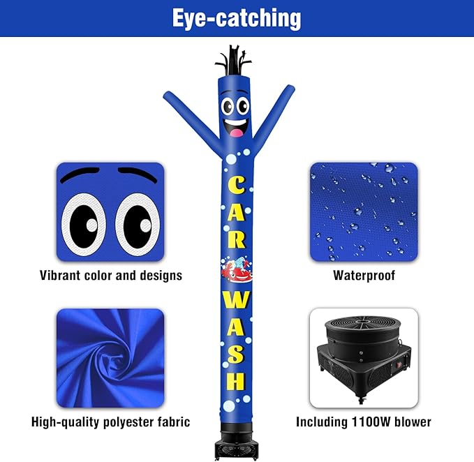 20FT Tall Inflatable Tube Man Car Wash Wacky Wavy Dancing Guy with 1.5 HP Weather-Resistant Blower (18''Diameter) for Outdoor Decoration Advertising Business Promotion