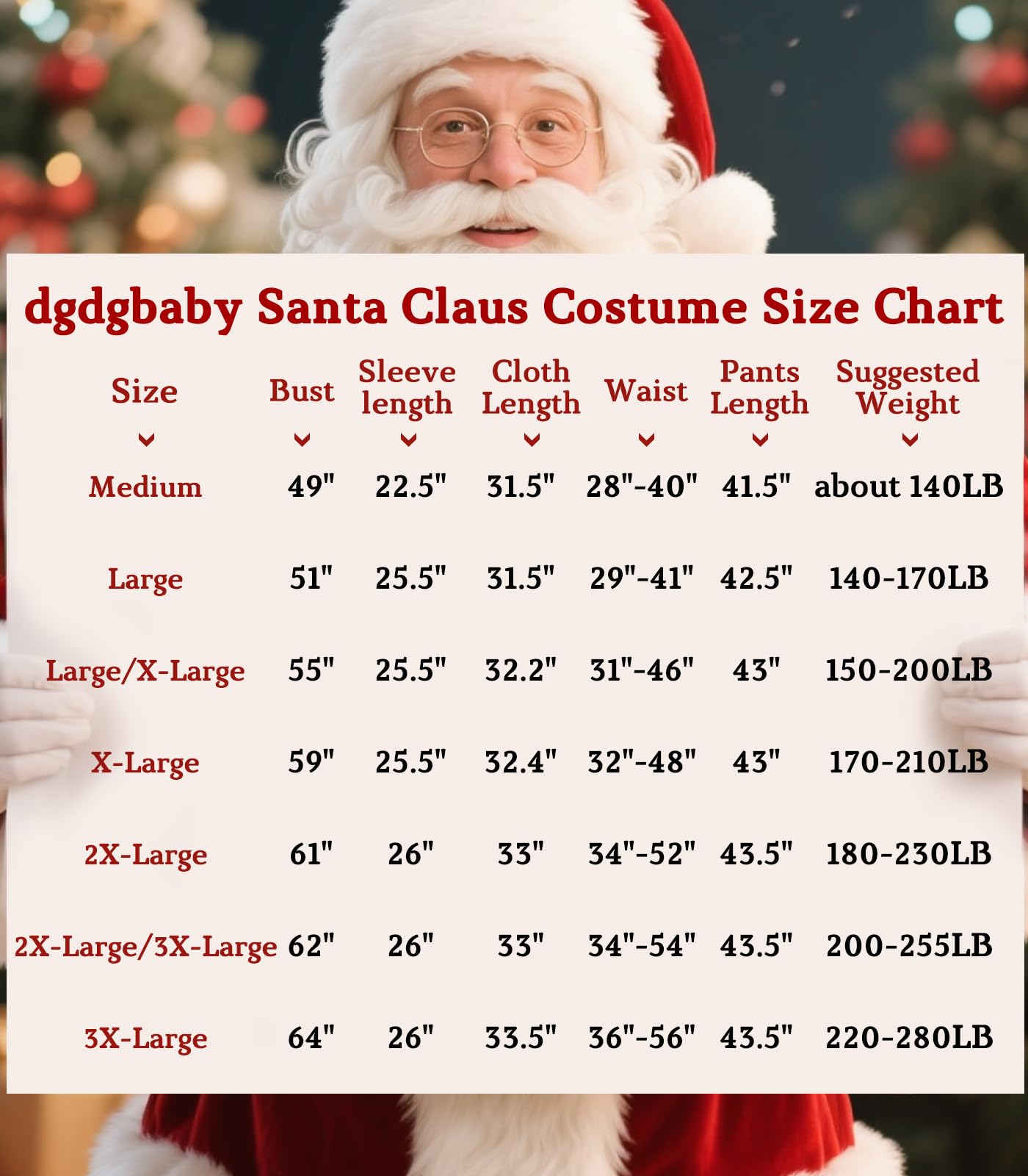 dgdgbaby Santa Claus Costume for Men Women Adult - 9pc. Deluxe Costume Santa Suit Outfit