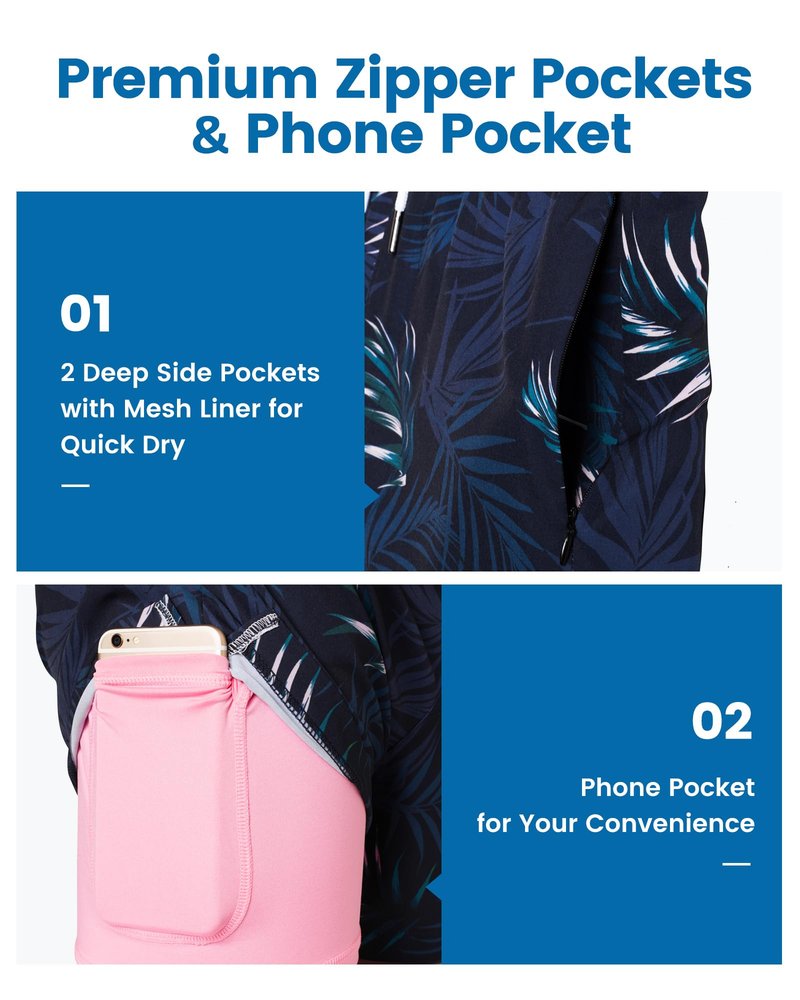 maamgic Mens Swim Trunks with Compression Liner 5 Inch, Quick Dry Bathing Suit with Zipper Pockets, Stretch No-Chafing Swim Shorts, Navy-Pink Leaf Silhouette X-Large