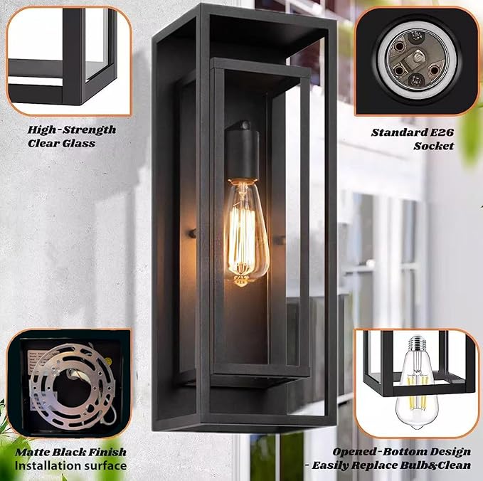 12 Pack 18 inches Outdoor Wall Lantern Light Fixture, Large Black Exterior Waterproof Wall Sconce, Anti-Rust Mount Porch Light with Clear Glass,E26 Socket
