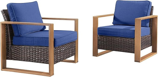 Rilyson Wicker Outdoor Patio Chairs Set of 2, Rattan Patio Furniture Chairs with Sturdy Frame,All-Weather PE Wicker,Wide Armrest,Deep Seating and Thick Cushions for Deck Porch Garden(Brown/Blue)