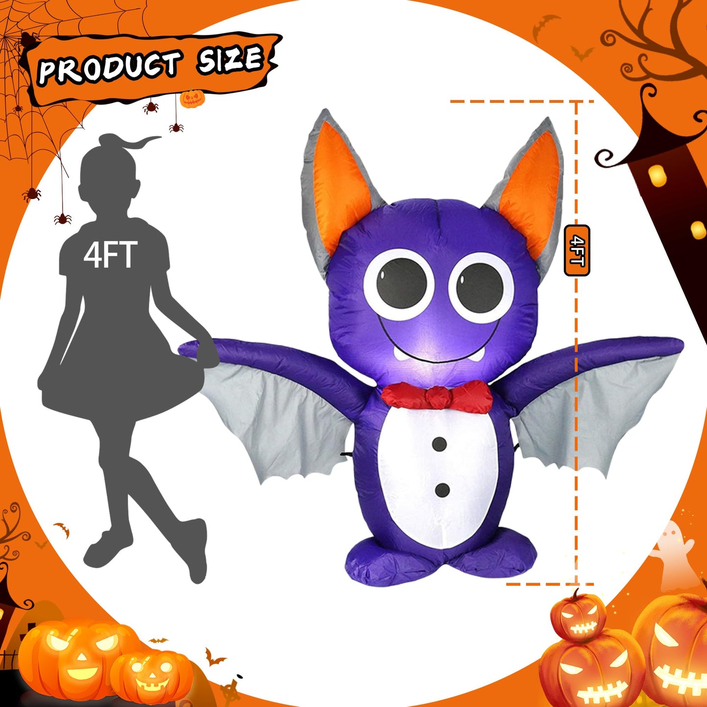 Dearsun 4FT H Adorable Halloween Inflatable Purple Bat with Build-in LED Lights Blow up Outer Indoor Decoration Large Party Yard Decoration