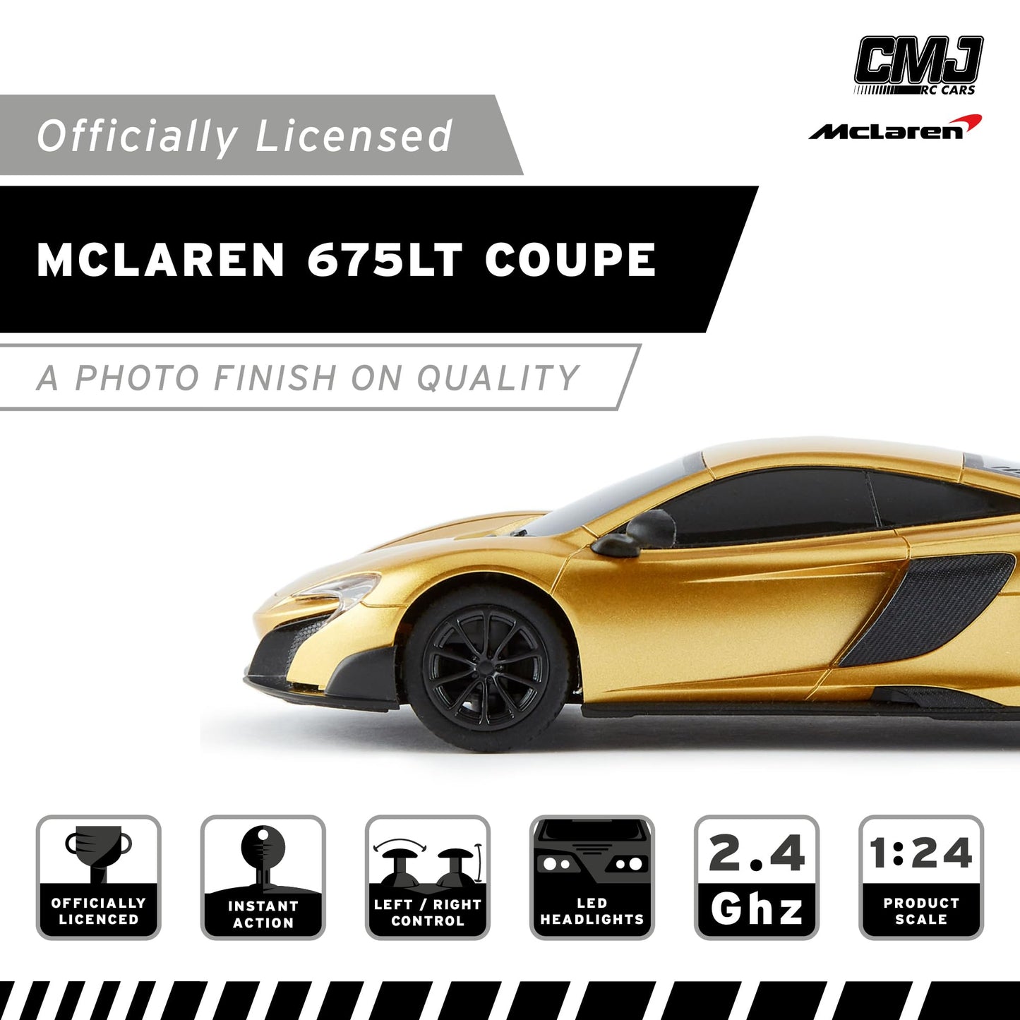 CMJ RC Cars™ McLaren 675LT Officially Licensed Remote Control Car 1:24 Scale Working Lights 2.4Ghz Gold