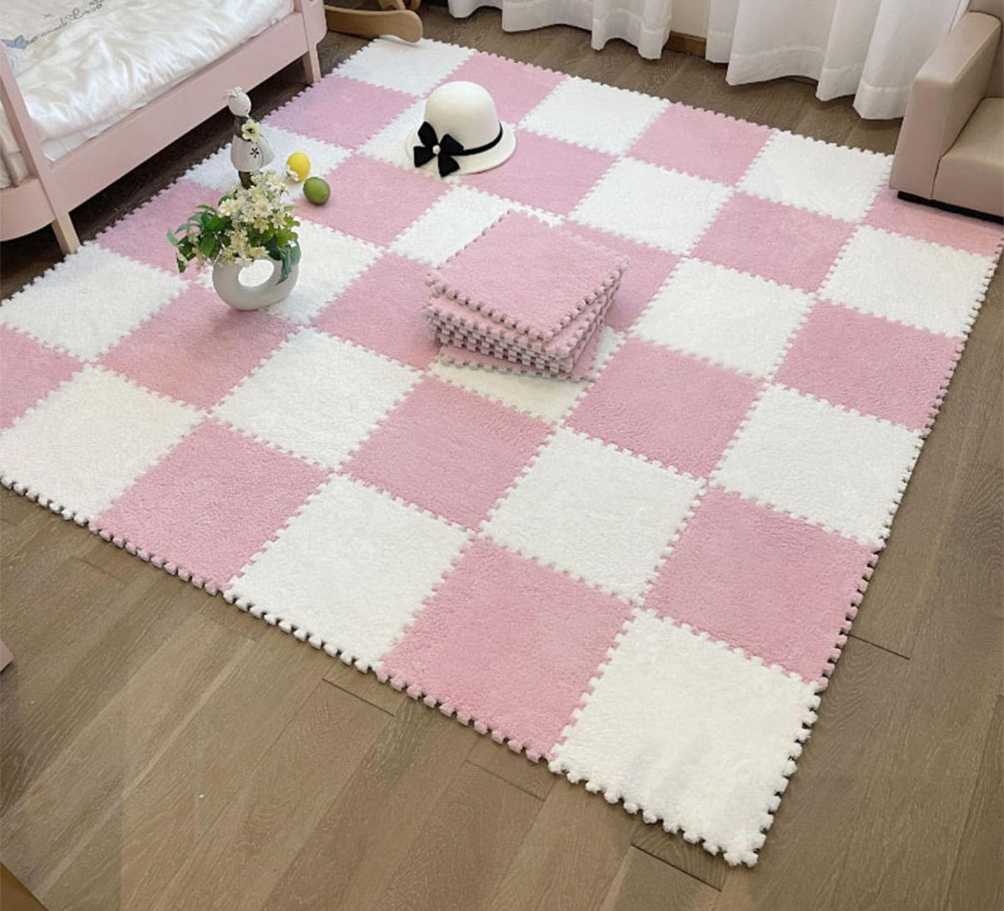 10pcs Plush Foam Floor Mat, Cuttable Play Mat Color Blocking Plush Puzzle Interlocking Square Carpet Tile Flooring Climbing Area Rugs for Home Playroom (Pink White)