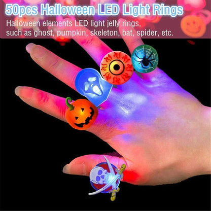 Halloween Light Up Rings 50Pcs Halloween Party Favors for kid Light Up Treat Glowing LED Ring for Kids Adults
