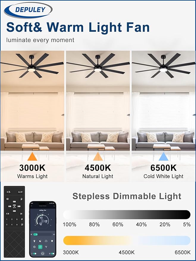 Depuley 72" Ceiling Fans with Lights: Black Indoor/Outdoor Ceiling Fan for Patios Living Room - 8 Blades Dimmable Large Ceiling Fans with Remote APP Control Timer Reversible Quiet DC Motor 6 Speeds