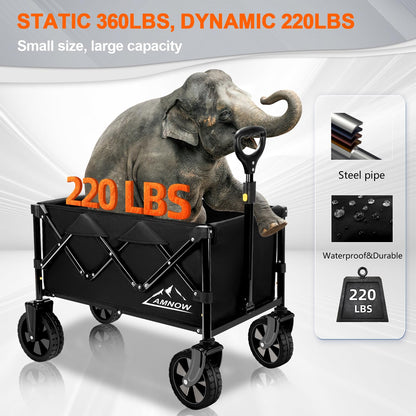 Collapsible Wagon Cart with Wheels Foldable, Folding Wagons Carts with Silent Universal Wheels, Large Grocery Cart On Wheels, Heavy Duty Utility for Shopping Beach Sports Fishing Camping, Black