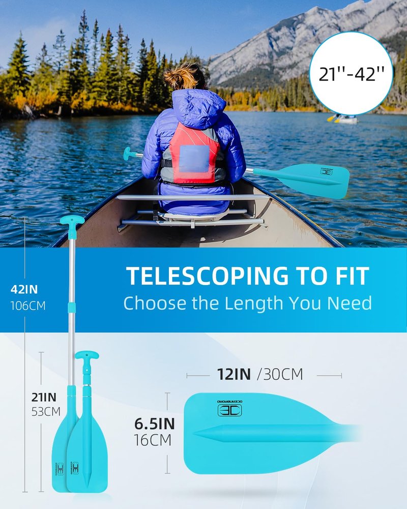 OCEANBROAD Telescoping Emergency Paddle 21''-42''（Assembling Required） Collapsible Paddles Aluminium Shaft for Kayaking Boating Canoeing River Tubing, Blue, 2 Paddles