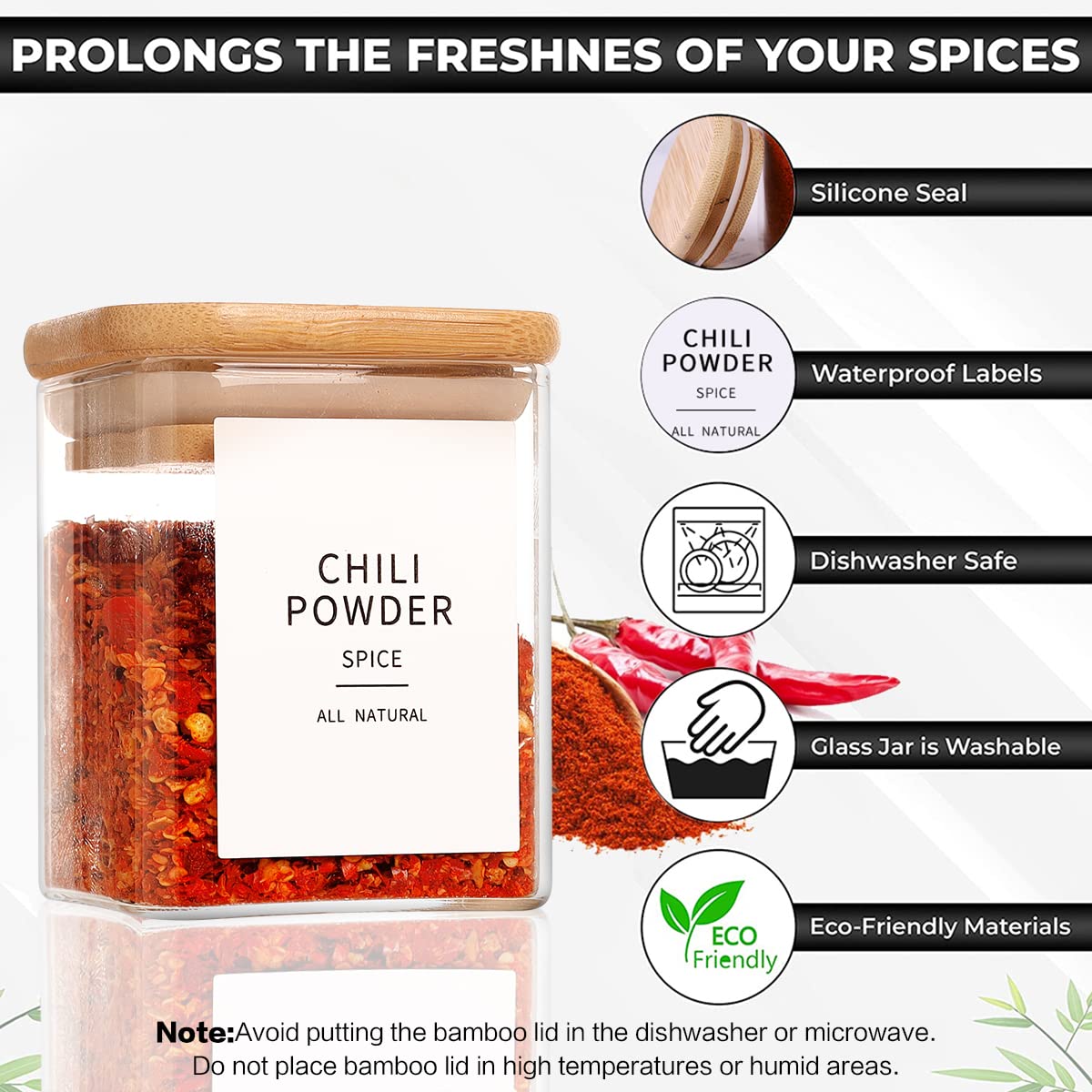 HHMJSM 12 Pcs Square Glass Spice Jars with Natural Bamboo Lids - 5oz Airtight Herb Containers with 148 Waterproof Minimalist Spice Labels Preprinted - Empty Small Seasoning Jars for Kitchen Pantry