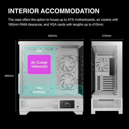 GAMDIAS White Mid Tower Gaming Computer Case w/Display& App, ATX Tempered Glass PC Case, Built-in 3x120mm ARGB PWM Fans, Up to RTX GPU/VGA 410mm & 360mm AIO/Radiator & 6x120mm Fans & 160mm CPU Cooler