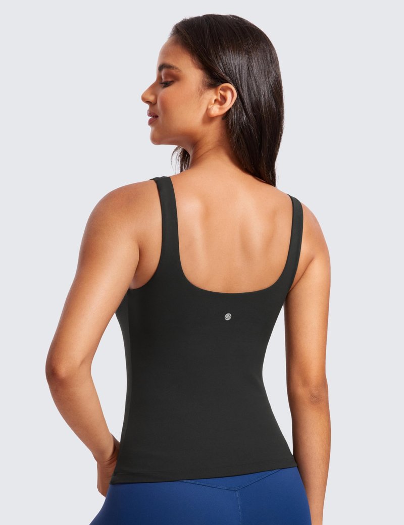 CRZ YOGA Butterluxe U Neck Tank Tops for Women - Padded Athletic Workout Camisole Crop Tops with Built in Bra Black Small