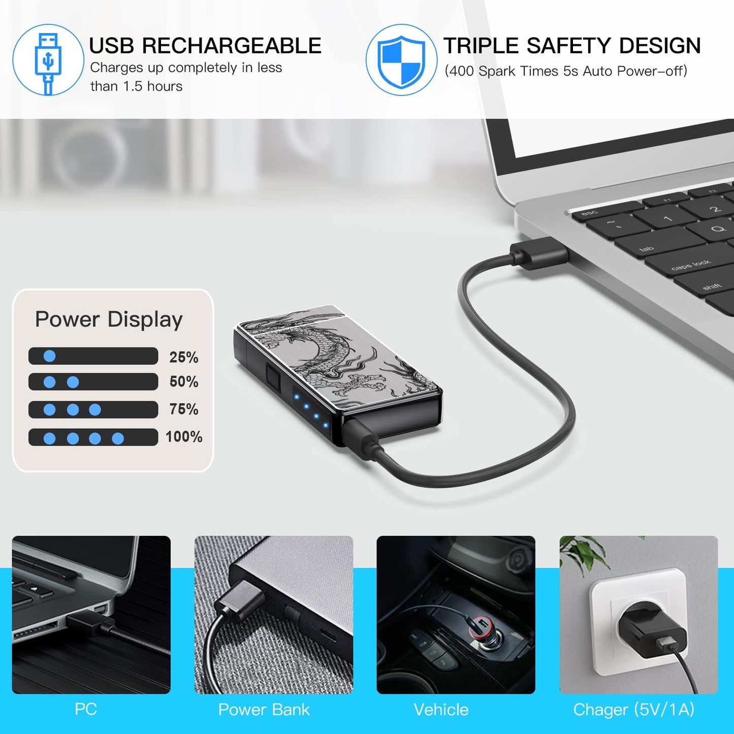 Electric Lighter, USB Rechargeable Plasma Arc Windproof Flameless Electronic Butane Free Mini Lighter for Candles, Fireworks, Outdoor Camping Activities (Black Dragon)