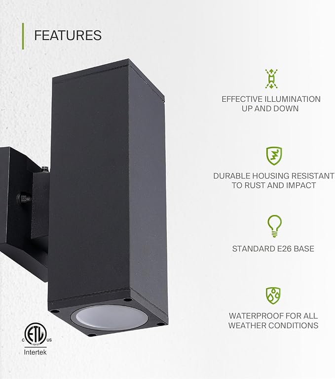 ASD 2 Light Square Dusk to Dawn Outdoor Wall Light Fixture | 120W E26 Socket 120V ETL Cylinder Up Down Lights | LED/CFL/Incandescent Bulb Exterior Wall Sconce | Front Door, Porch Patio | Black, 6 Pack