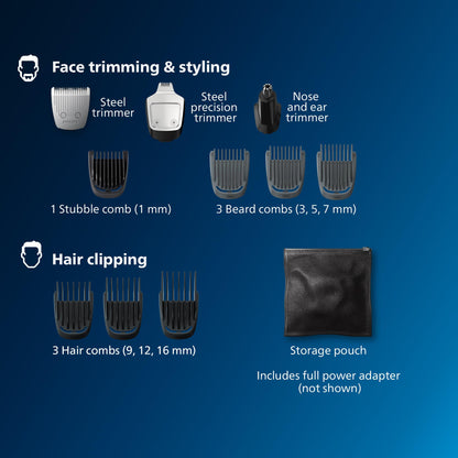 Norelco Philips Multigroom 3000 Series, All-in-One Trimmer, Beard Trimmer and Hair Clipper, 15-Piece Men's Grooming Kit for Head, Beard, Face, Nose, Ears, No Blade Oil Needed, Soft Pouch, MG3770/40