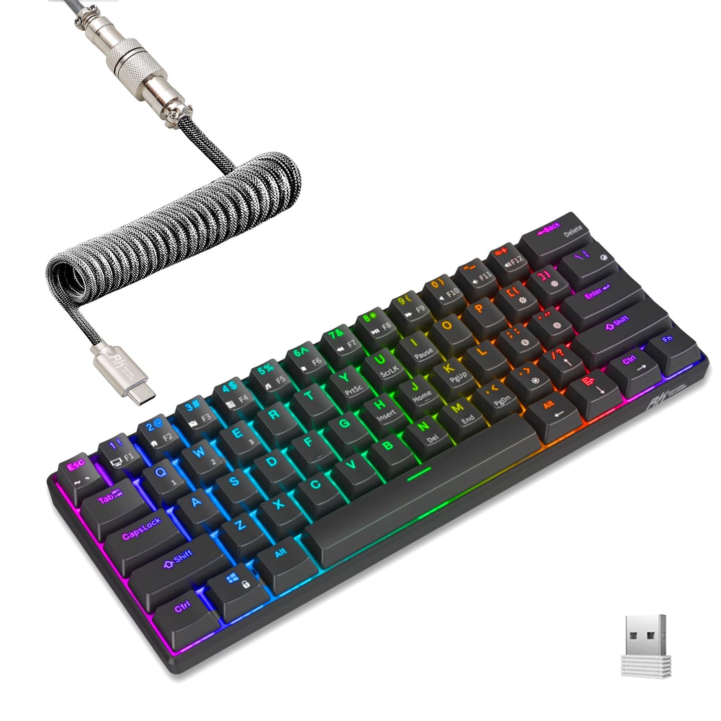 RK ROYAL KLUDGE RK61 60% Mechanical Keyboard with Coiled Cable, 2.4Ghz/Bluetooth/Wired, Wireless Bluetooth Mini Keyboard 61 Keys, RGB Hot Swappable Red Switch Gaming Keyboard with Software - White