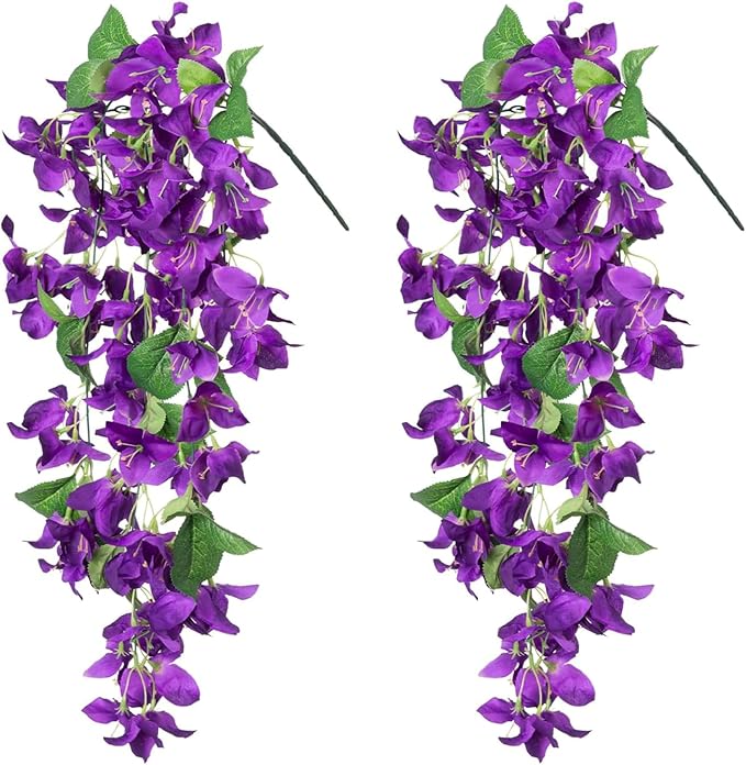 2PCS Bougainvillea Artificial Hanging Flowers Plants for Outdoors Outside Summer Decoration, Faux Silk Flowers Fake Vines UV Resistant Look Real Realistic for Front Door Porch Planter Balcony, Purple
