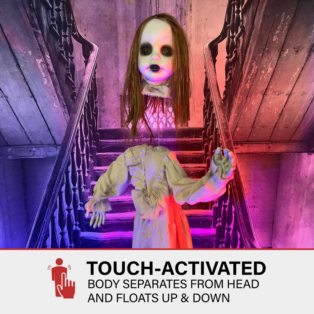 Haunted Hill Farm Floating, Talking Zombie Girl Animatronic with Blue Chest Light for Scary Free-Hanging Halloween Decoration,5 x 16 x 47