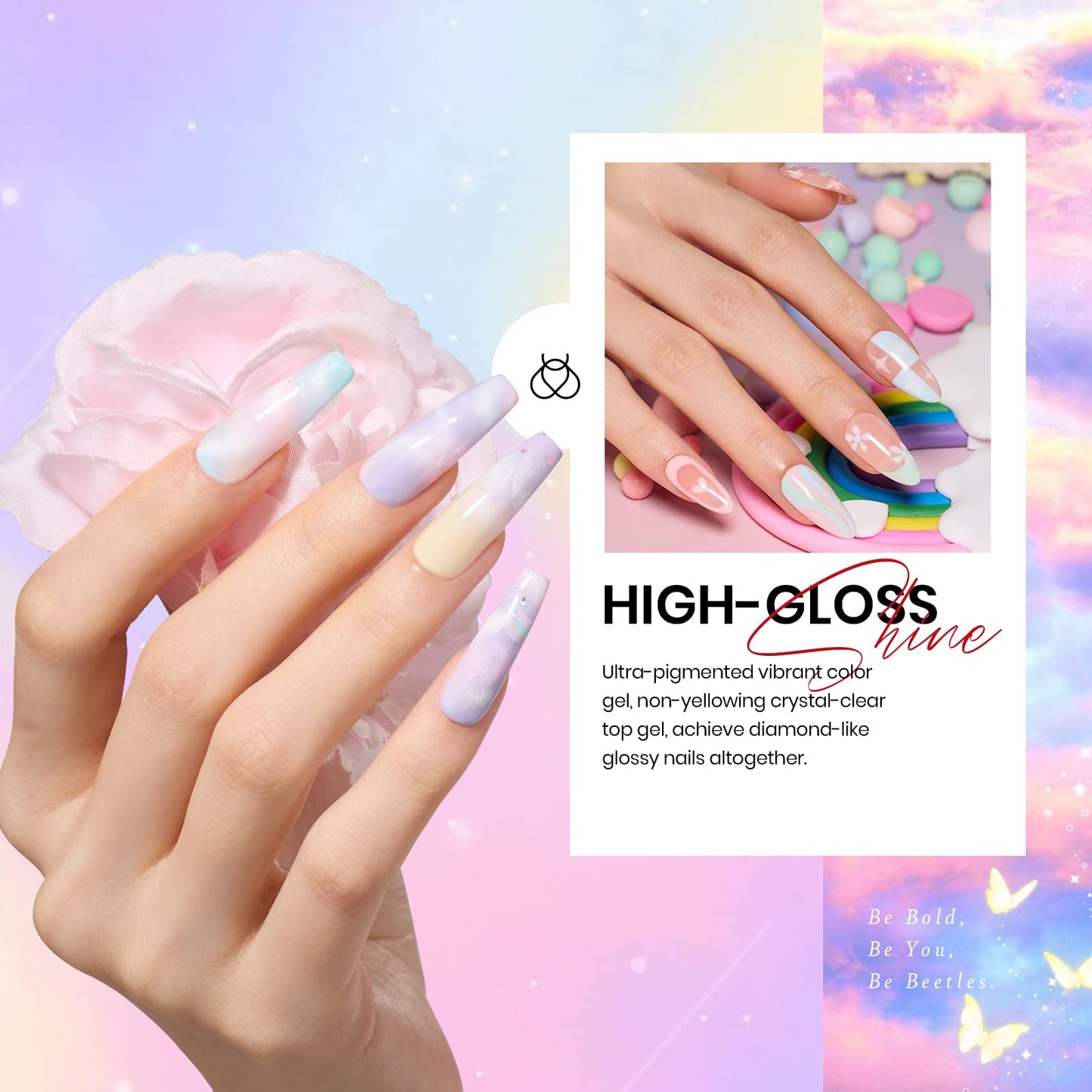 beetles Gel Polish Set - 23Pcs Macaroon Color Gel Nail Kit with Glossy Matte Top Coat Base Coat Yellow Pink White Purple Blue Glitter Bright Uv Nails Paradise Pastel Gel Halloween Gifts for Women