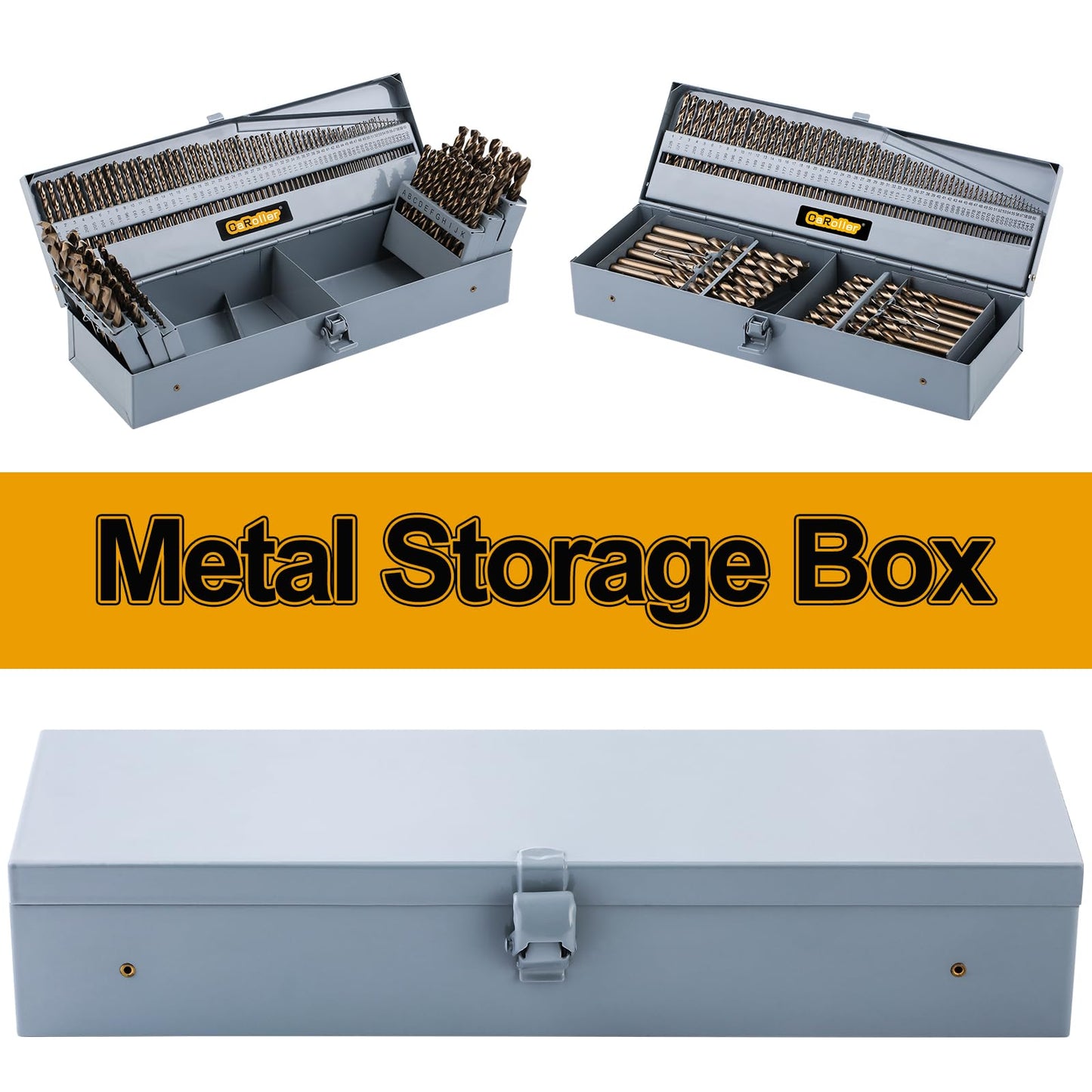 CaRoller Cobalt Drill Bit Set 115 PCS, High Speed Steel M35 Drill Bits Durable Round Shank Drill Sets for Hardened Steel, Wood Plastic, Sheet Metal, with Metal Index Storage Box (115pcs Cobalt)