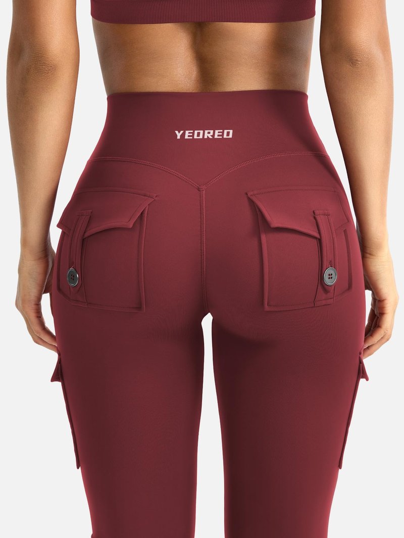 YEOREO CoreFlex Women Workout Flare Leggings with Pockets Hidden Scrunch High Waisted Cargo Gym Yoga No Front Seam Leggings Anchor Red M
