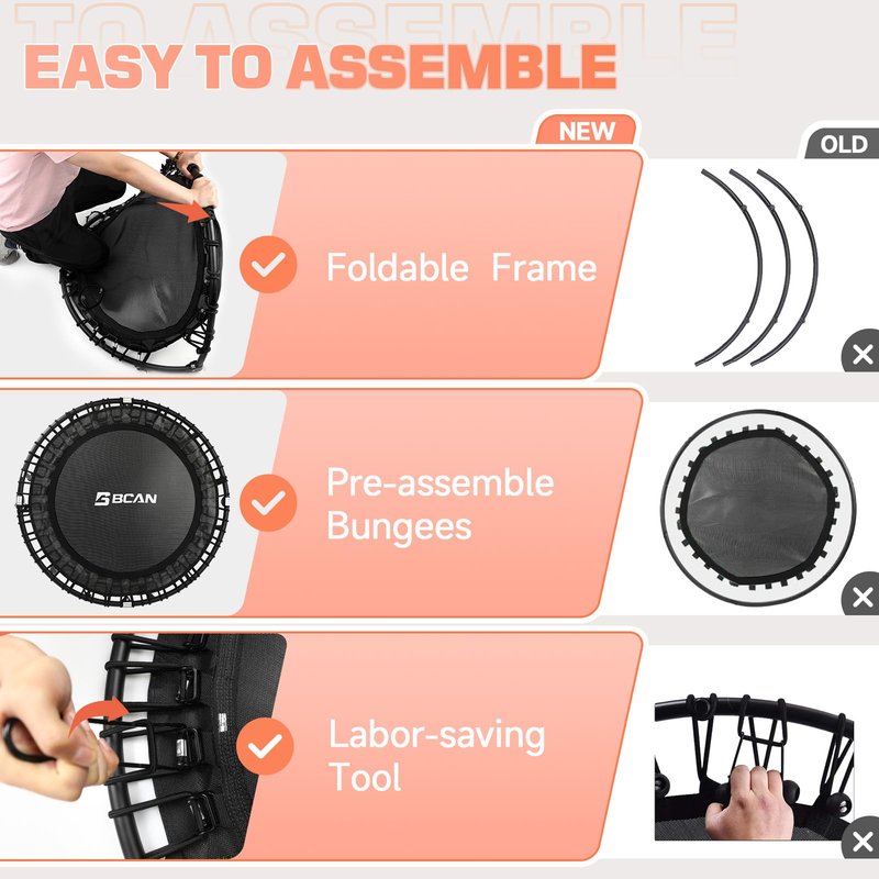BCAN 450/550LBS Rebounder Trampoline for Adults, 40"/48" Foldable Mini Trampoline with Durable Bungees, Quiet & Stable Exercise Rebounder Trampoline for Indoor/Garden Workout- 40IN-Black