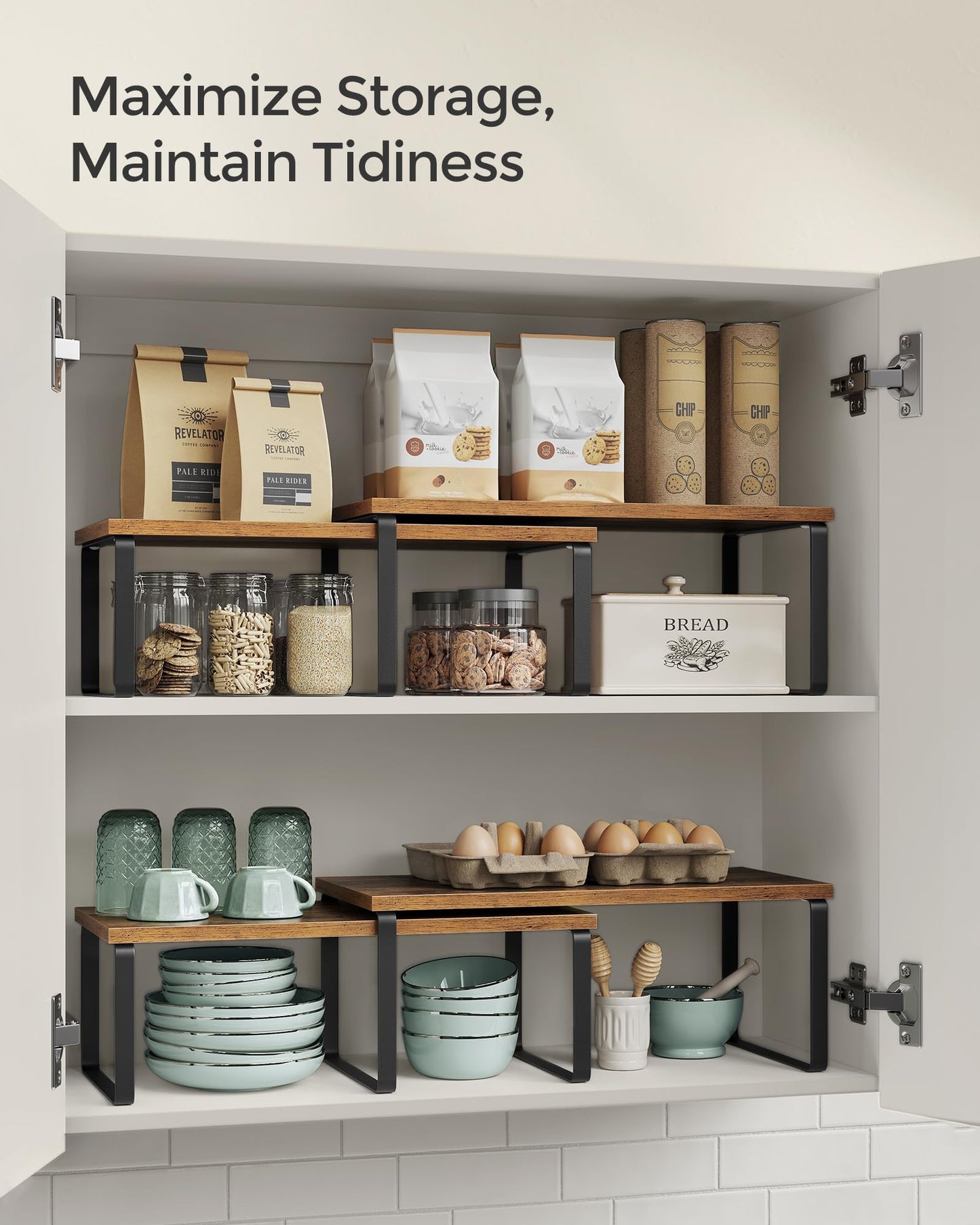 SONGMICS Cabinet Organizer Shelf, Set of 4 Kitchen Counter Shelves, Kitchen Storage, Spice Rack, Stackable, Expandable, Metal and Engineered Wood, Cloud White and Natural Beige UKCS010N01
