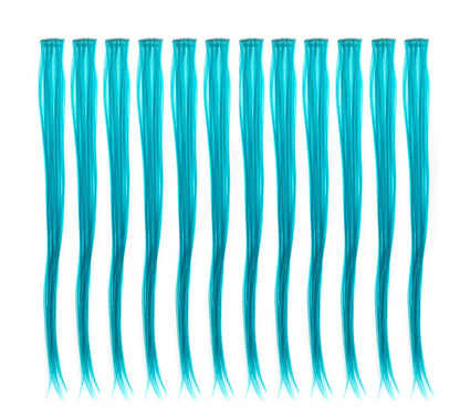 SWACC 12 Pcs Straight One Color Party Highlights Clip on in Hair Extensions Colored Hair Streak Synthetic Hairpieces (Teal Blue)