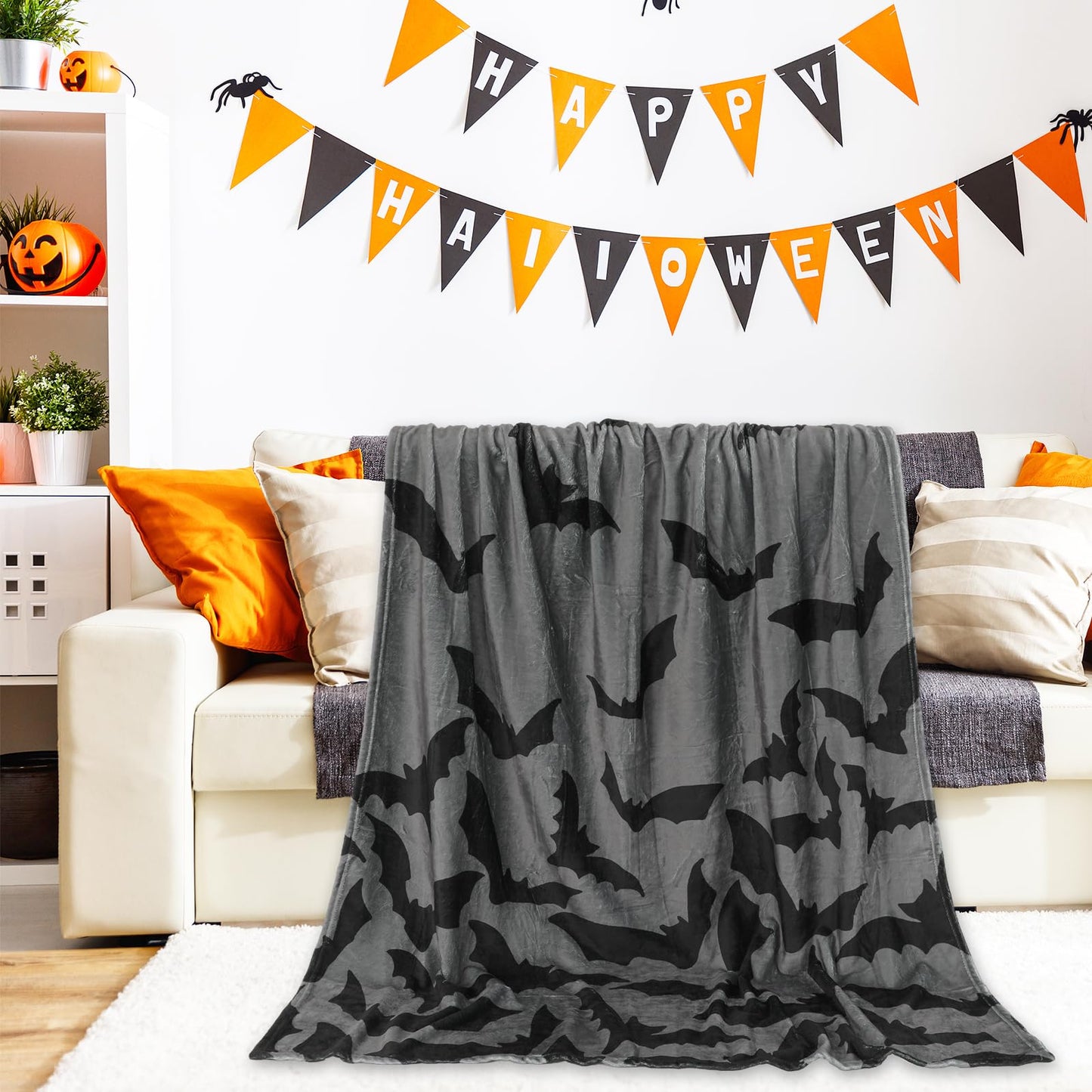 JarThenaAMCS Halloween Fuzzy Blanket Bat Throw Blanket Gray Black Soft Cozy Flannel Blanket for Home Bed Sofa Couch Chair, 50 x 60 Inch