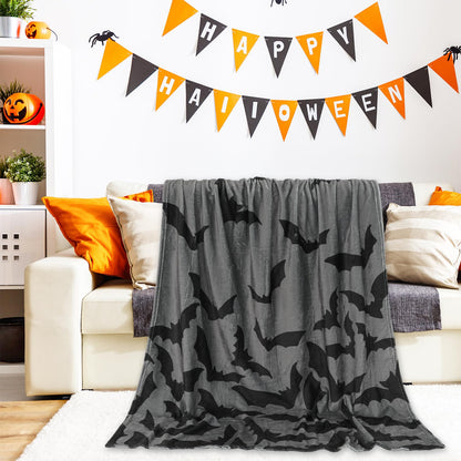 JarThenaAMCS Halloween Fuzzy Blanket Bat Throw Blanket Gray Black Soft Cozy Flannel Blanket for Home Bed Sofa Couch Chair, 50 x 60 Inch