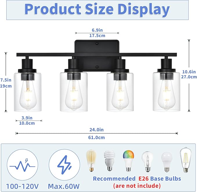 Black Bathroom Light Fixtures Over Mirror,4-Light Bathroom Vanity Light with Clear Glass Shade,Modern Wall Sconces Lighting for Bedrrom,Living Room,Kitchen,Cabinet