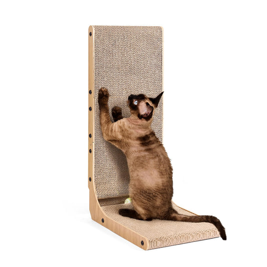 EHEYCIGA Cardboard Cat Scratcher for Indoor Cats, 26.8 Inch L Shaped Vertical Cat Scratching Board with Ball Cat Toy, Large Cat Scratcher Pad, Brown