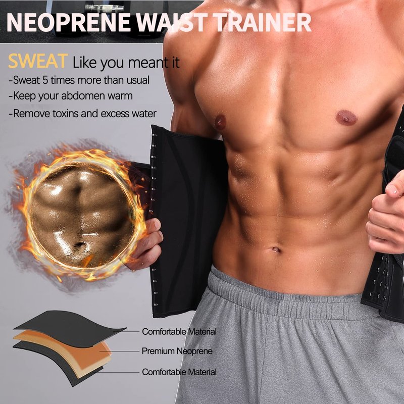 KIWI RATA Neoprene Workout Waist Trainer for Men Sweat Belt with Double Belly Straps, X-shape Steel Bones