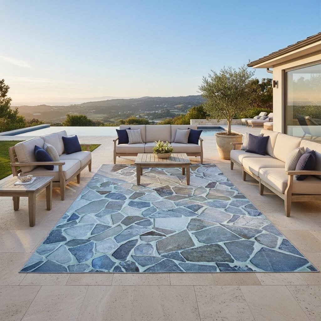 Rustic Stone Rock 5x7 Outdoor Patio Rug for Balcony Deck Garden Camping Pool RV Floor Carpets 3D Visual Illusion Home Deco Machine Washable Non Slip Waterproof Lightweight Low Pile Outside Rugs
