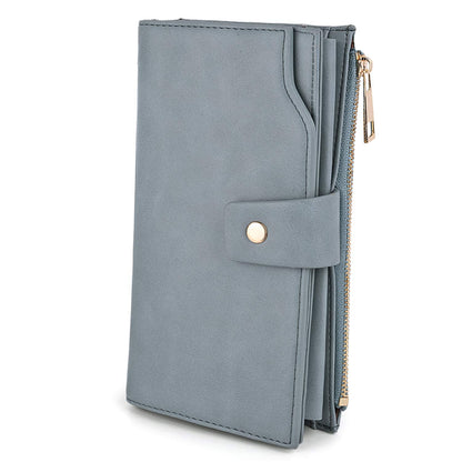 UTO Wallet for Women RFID Blocking Ladies Wristlet Purse 21 Card Slots Phone Pocket Synthetic Leather Grey Blue