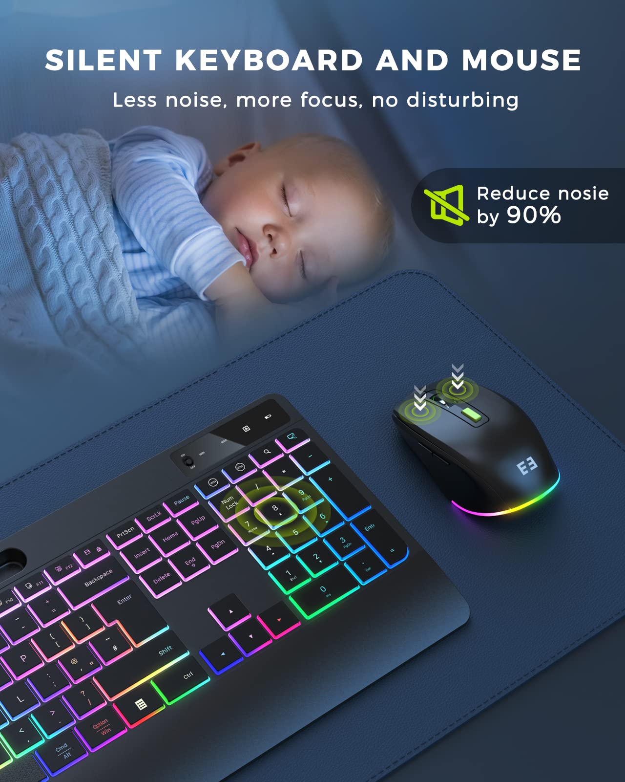 seenda 2.4G Wireless Keyboard and Mouse Combo with Rainbow Backlit, Rechargeable Keyboard and Mice Set UK Layout Full Size with 2 in 1 USB C & USB A Dongle and Wirst Rest, Black
