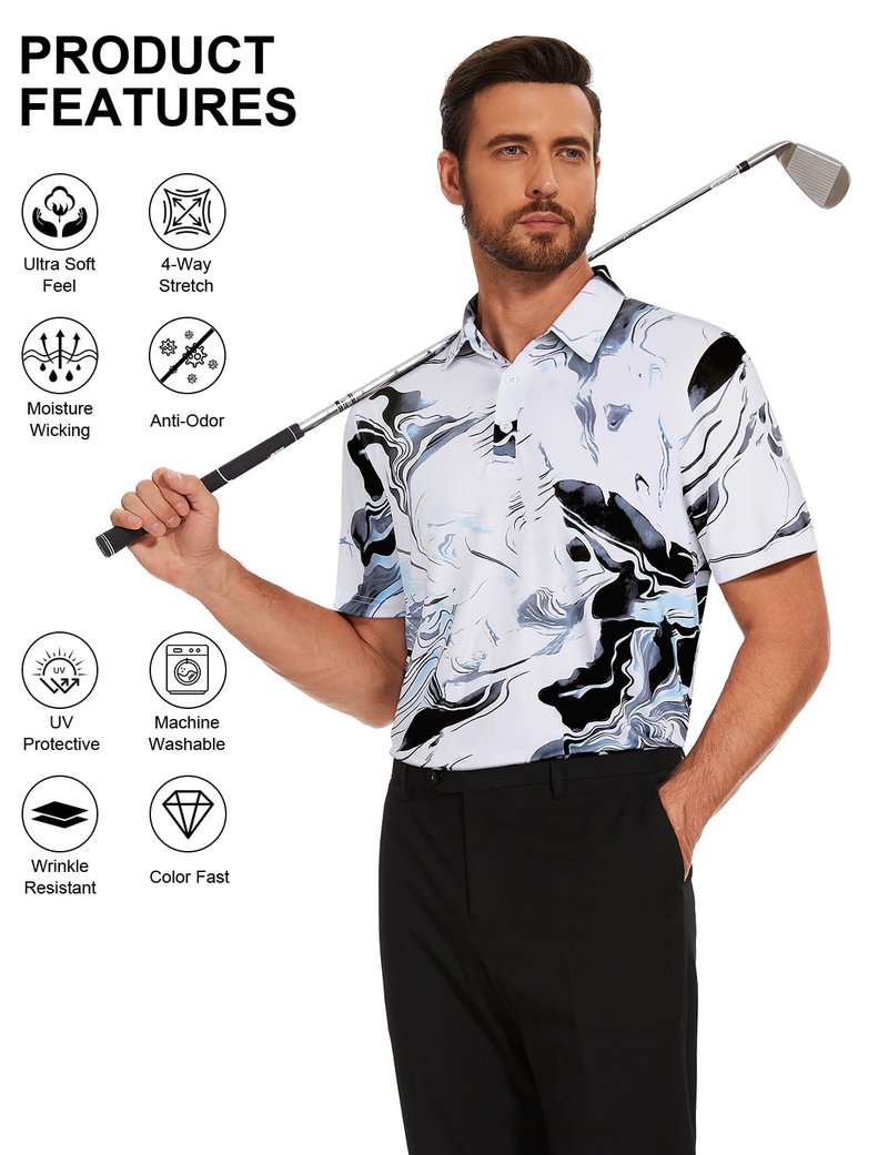 Viracy Golf Shirts for Men Dry Fit Short Sleeve Mens Golf Shirt Performance Moisture Wicking Collared Polo Shirts for Men Ink-Wash Printed-Medium
