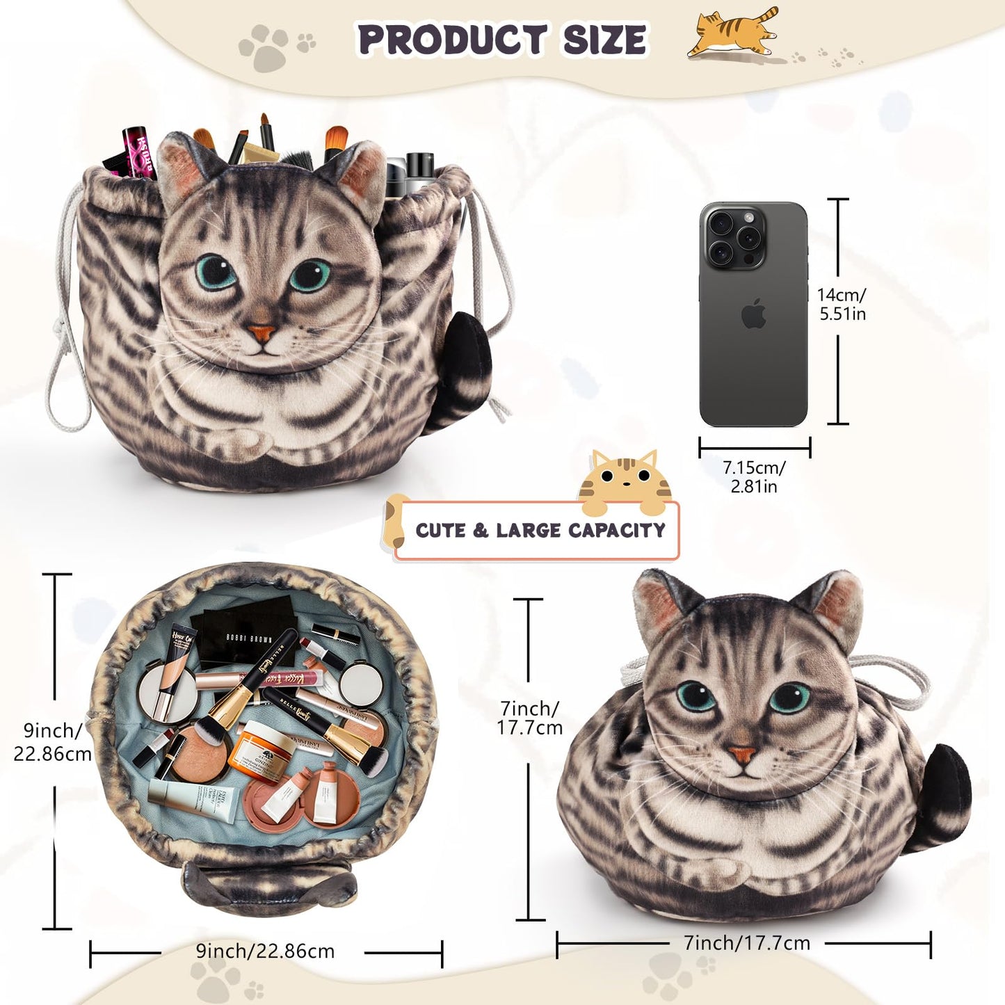 Cat Drawstring Makeup Bag,Flat Lay Make Up Bag,Portable Travel Cosmetic Bag Storage Organiser,Bag for Purse,Cat Gifts for Women/Girls/Cat Lovers