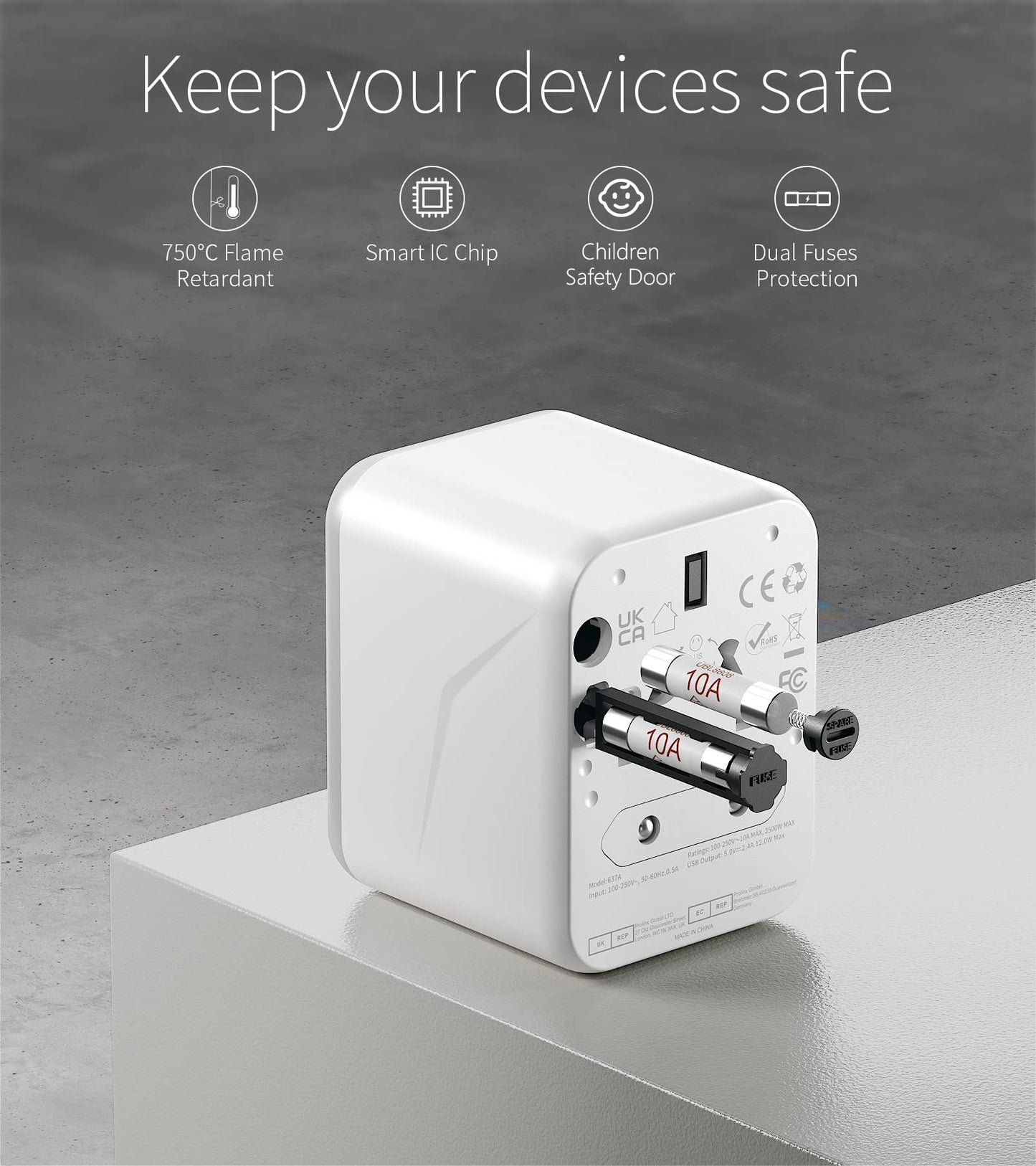 Worldwide Travel Adapter with USB, FSTravelP Universal Plug Adapter with 2 USB & International AC Socket, Dual 10A Fuses, All In One Travel Plug Adapter Worldwide for USA UK EU AU CN 150+ Countries