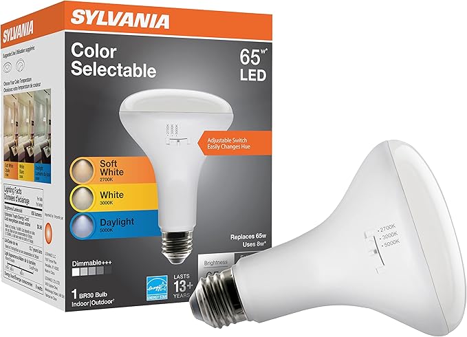 Sylvania LED BR30 Light Bulb, 65W = 8W, 3 CCT Select (2700K / 3000K / 5000K), 13 Year, Dimmable, 650 Lumens, Energy Star - 1 Pack (41382)