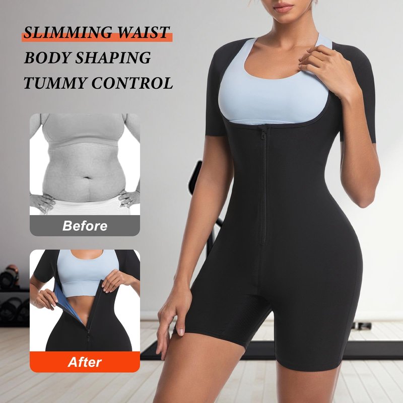 Meiosuns Sauna Sweat Suit for Women Weight Loss Waist Trainer Full Body Compression Sweat Suit 4 in 1 Slimming Heat Trapping Sauna Shirt for Workout Bodysuit Gym Fitness Shaper Thighs (Blue,XL)